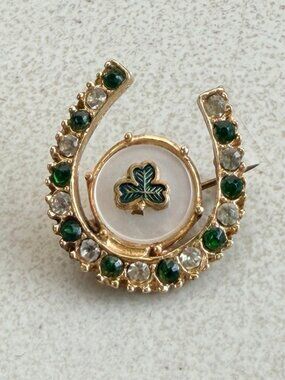 Vintage Horseshoe Four Leaf Clover Brooch 1970s Crystal Rhinestones Lucky Pin